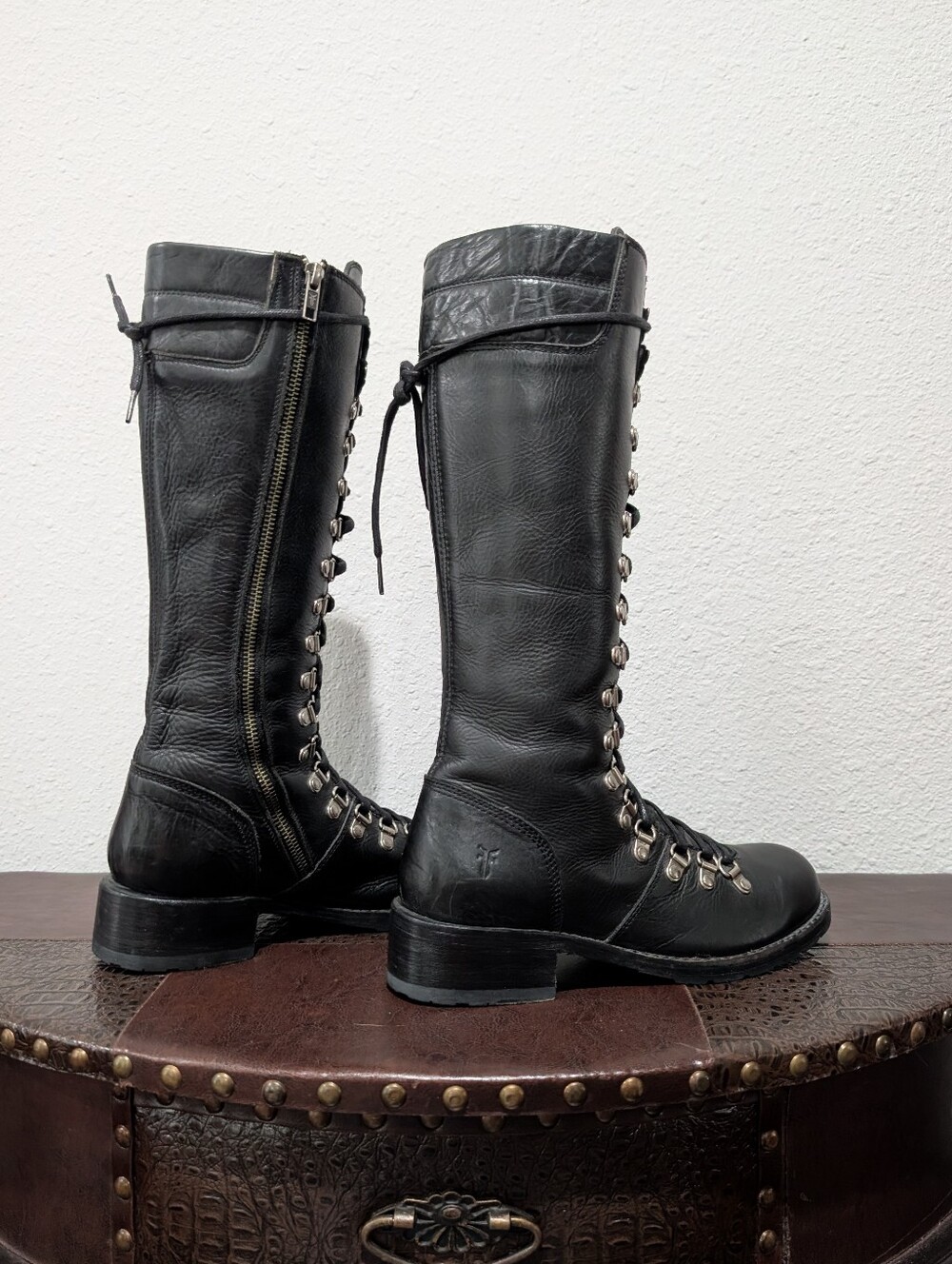 VTG Frye Rogan Tall Black Leather Combat Lace-Up Side-Zip Boots Size 7.5 - Picture 6 of 16